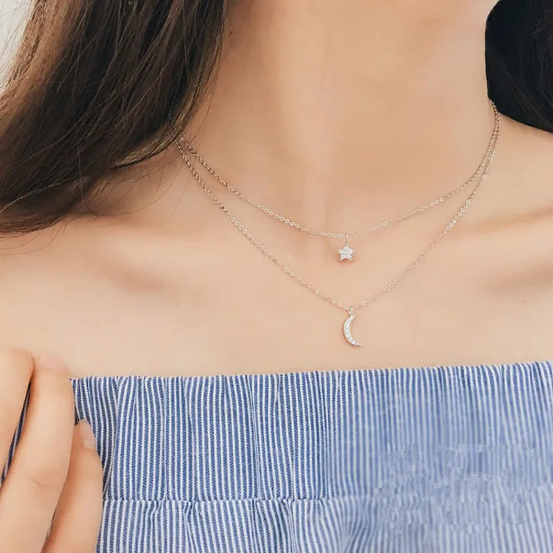 

Moon Star Charms Choker Chain Double Layer Necklace Woman Jewelry Necklace 925 Sterling Silver Korean Style Statement Necklace