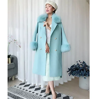 Для женщин кашемировое пальто с натуральным лисьим меховой воротник шерстяная куртка с поясом зима-осень тонкий леди длинные пальто Для женщин Шерстяное пальто - Цвет: sky blue