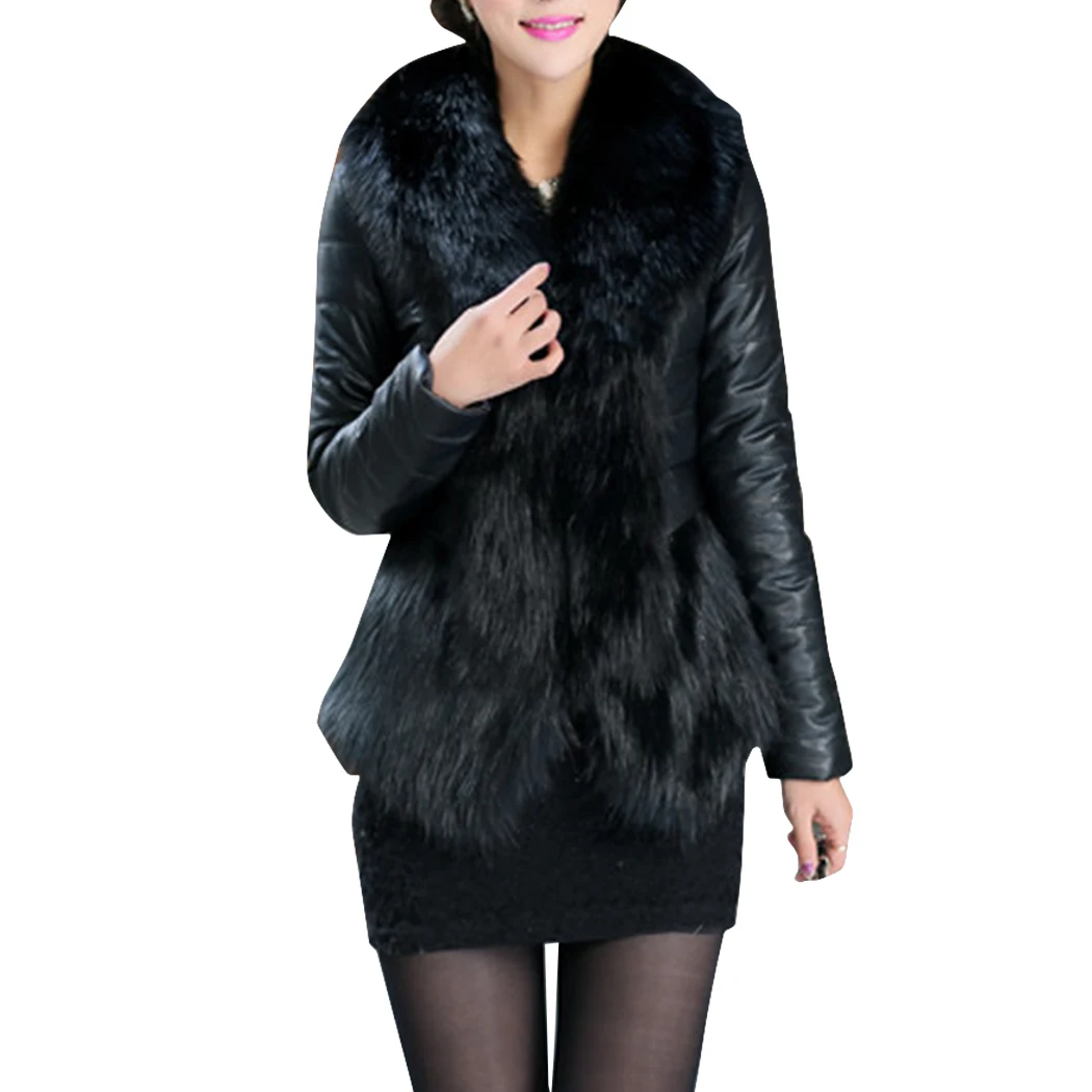 Plus Size Faux Fur Leather Jacket Women Ladies Winter Thick Warm Slim
