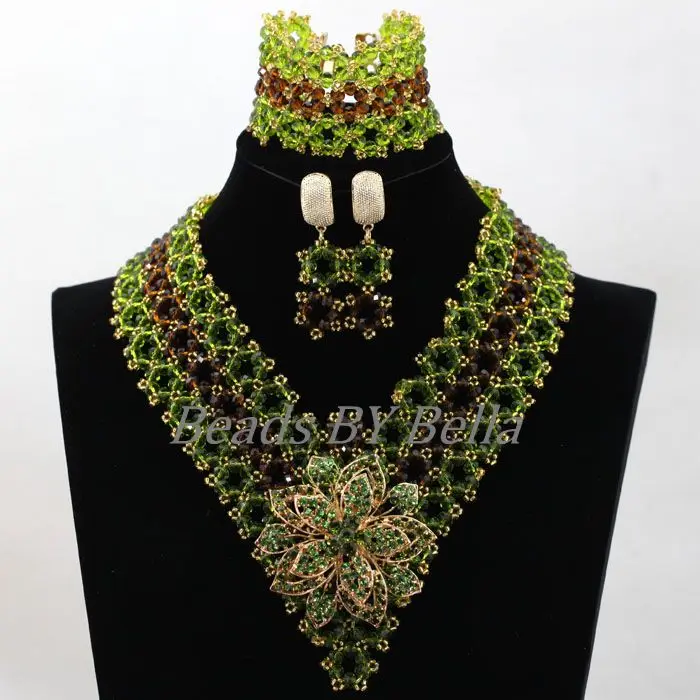 

Ювелирные наборы ручной работы для африканского костюма, зеленые и коричневые кристаллы для женщин, нигерийские вечерние бисеры, кружевные Ювелирные наборы, бесплатная доставка ABK983