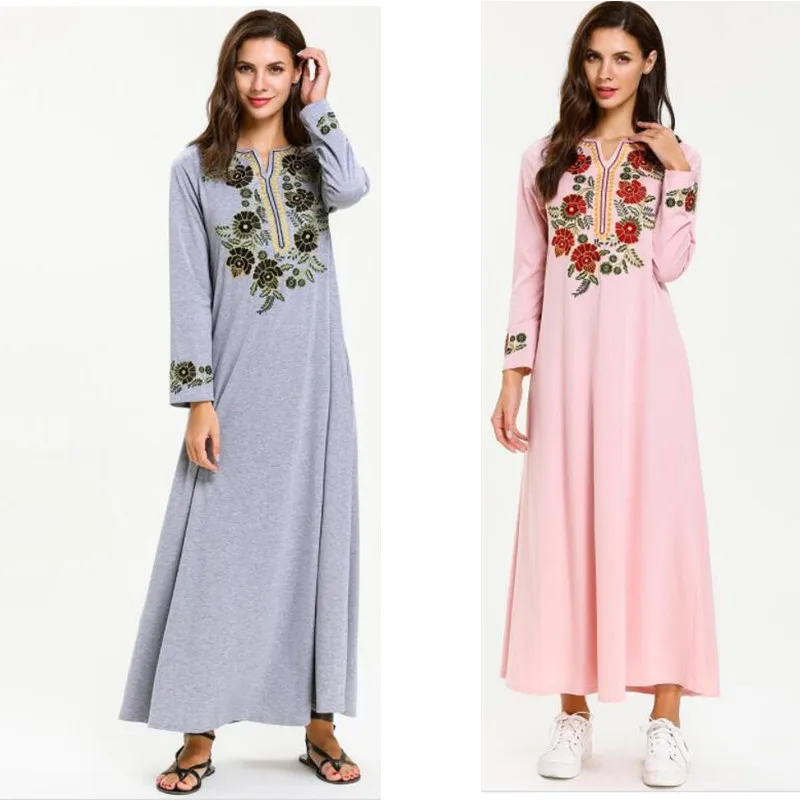 

2019 Ramadan Cotton Muslim Dress Turkey Abaya Women Embroidery V Neck Long Dress Dubai Arabic Gown Islamic Kaftan Arabian Dress