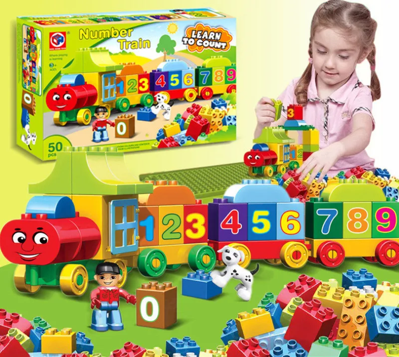 Preise 50 stücke Große partikel Zahlen Zug Bausteine Ziegel Pädagogisches BabyCity Spielzeug Kompatibel Mit Duplo DIY