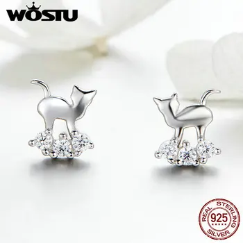 

WOSTU Luxury 925 Sterling Silver Cute Cat Earrings Crystal Zircon Tiny Stud Earrings For Women Wedding Party Jewelry Gift BKE537