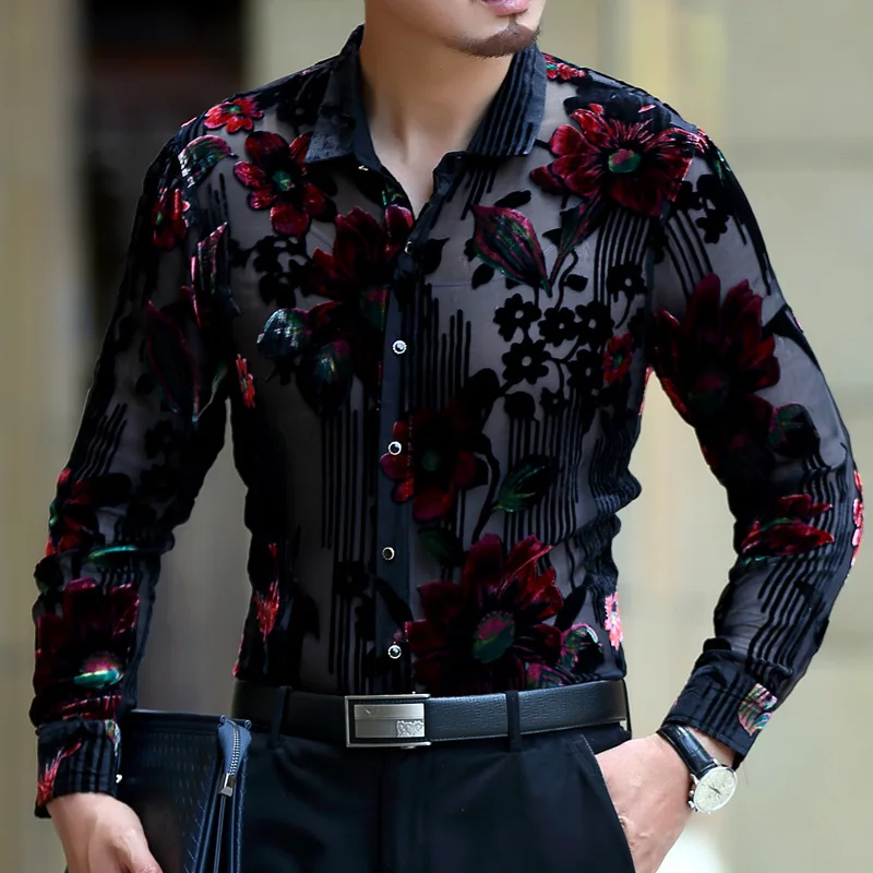 

New male shirt Lace Shirt Club Party Prom Sexy Transparent Male Shirt Frolal Print Wedding Marriage Chemise Homme Lace Shirt 4xl