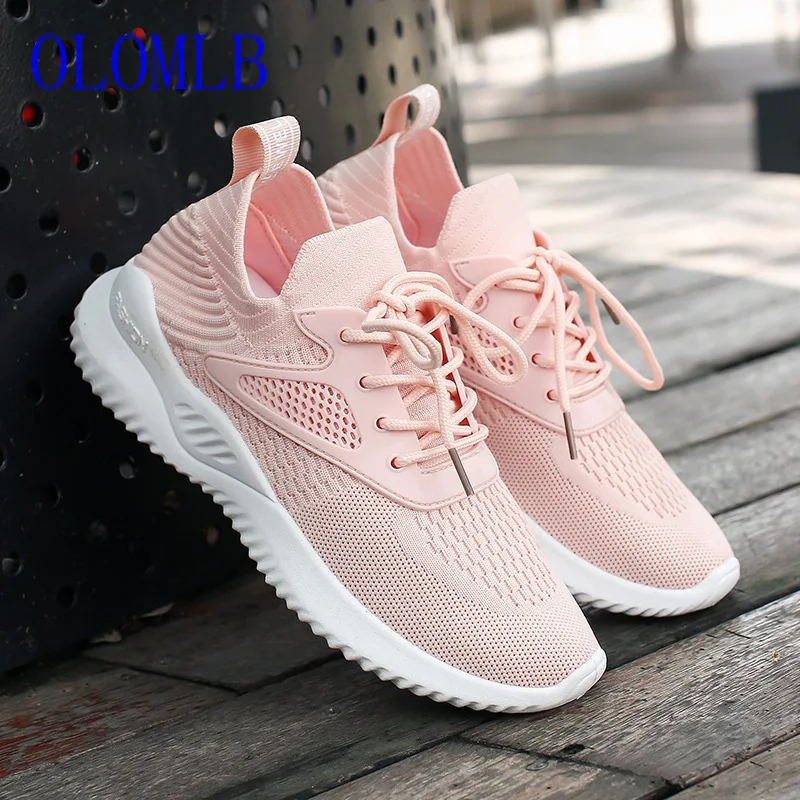 

OLOMLB 2019 Sneakers Women Mesh Lace-Up Solid Flat Platform Shallow Stretch Fabric Knited Spring Autumn Wedges Shoes Women