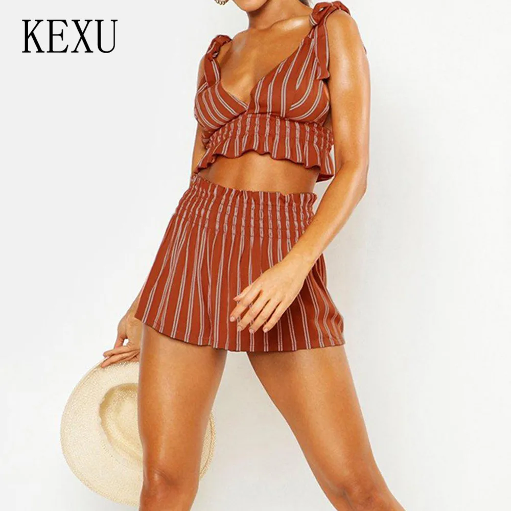 KEXU Orange Pleated Waist Striped Shorts Suits Sexy Backless Chest Vest Shorts Two Pieces Sets Jumpsuits Women Summer Rompers KEXU Orange Pleated Waist Striped Shorts Suits Sexy Backless Chest Vest Shorts Two Pieces Sets Jumpsuits Women Summer Rompers