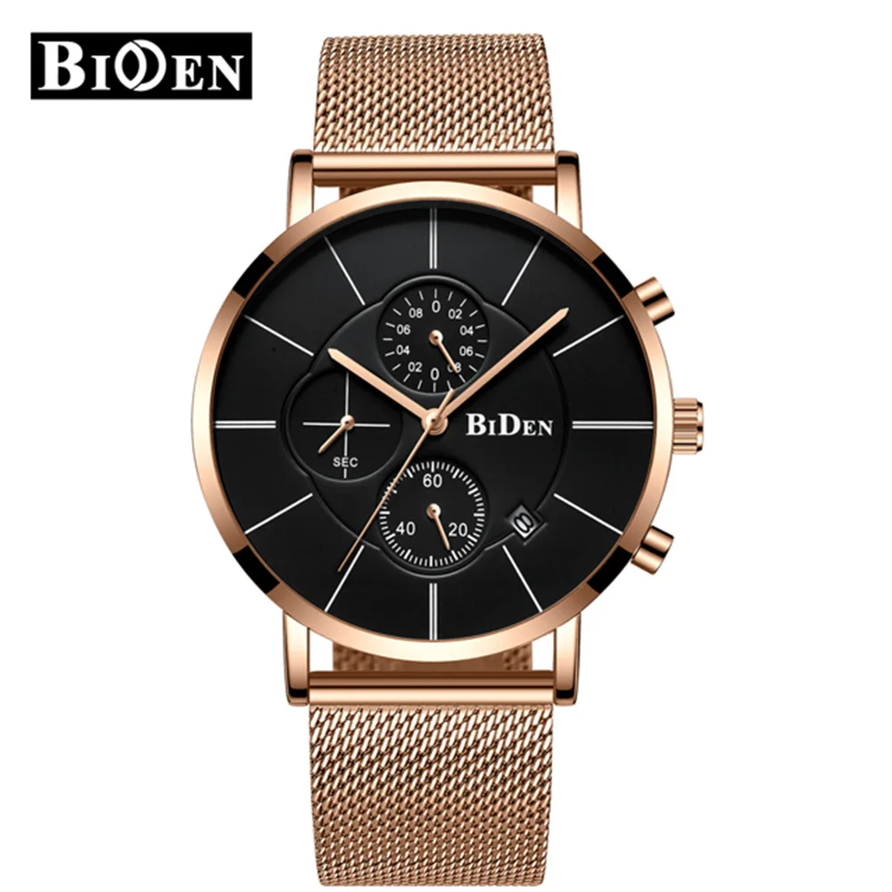 

BIDEN Men's Quartz Business Watch Stainless Steel Mesh Band Chronograph Waterproof Wristwatch Calendar Clocks relogio masculino
