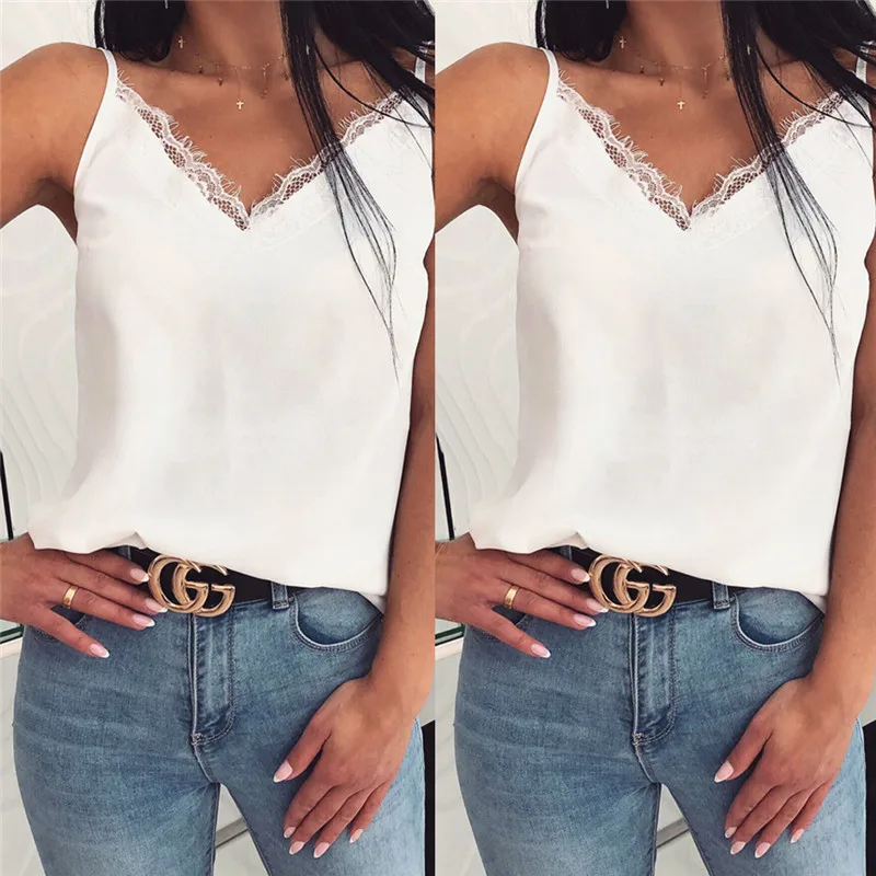 

Women Summer Sexy V-neck camisole Sleeveless v neck white lace Vest Top Loose Casual Cami backless Bandage Tank Tops