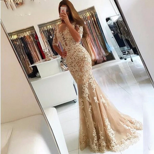 

Champagne Lace Tulle Mermaid Half Sleeves Sexy Backless Prom Dress Illusion Sheer Scoop Evening Dress Gown Evening Dresses 2018