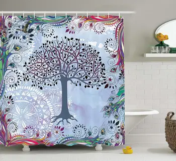

Nature Shower Curtain Cute Tree of Life Motif with Peacock Feathers Tribal Vintage Primitive Nature Illustration Fabric Bathroom