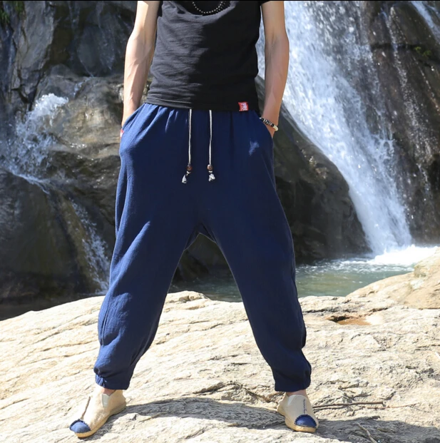 Китайский стиль, мужские льняные брюки для мытья воды, мужские свободные и свободного размера плюс, повседневные штаны-шаровары, тонкие шаровары с эластичной талией, мужские брюки