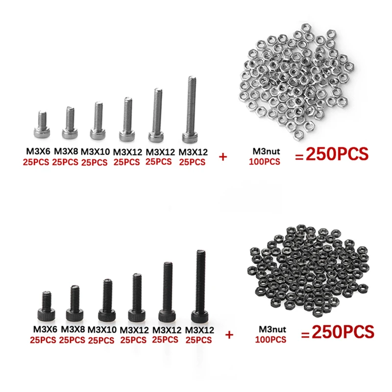 

250pcs/set M3 Screws Nuts Alloy Steel Hex Socket Screws Bolt With Hex Nuts Assortment Set Fastener Hardware Black/Silver