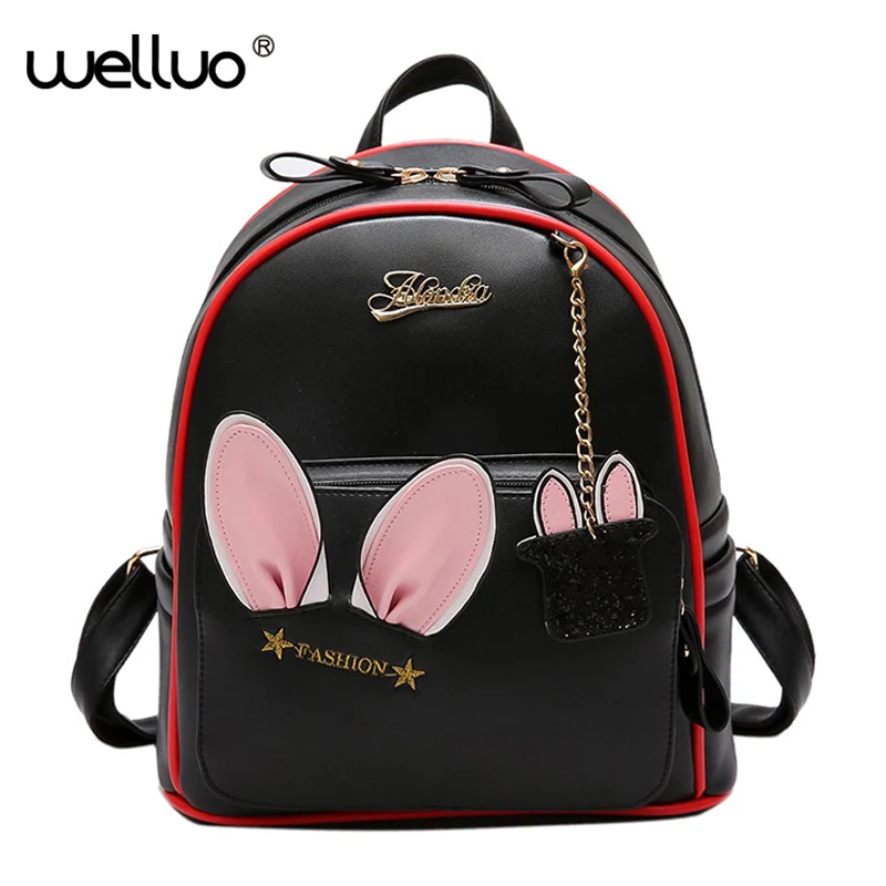 Women Cute PU Leather Backpack Rabbit Ears Bag For Female Kawaii Bookbag Backpacks Teenage Girls School Solid Bags mochila XA733 mini backpacks women laser cute plush kawaii unicorn bagpacks pu leather hologram teenager girls school bags back pack mochila