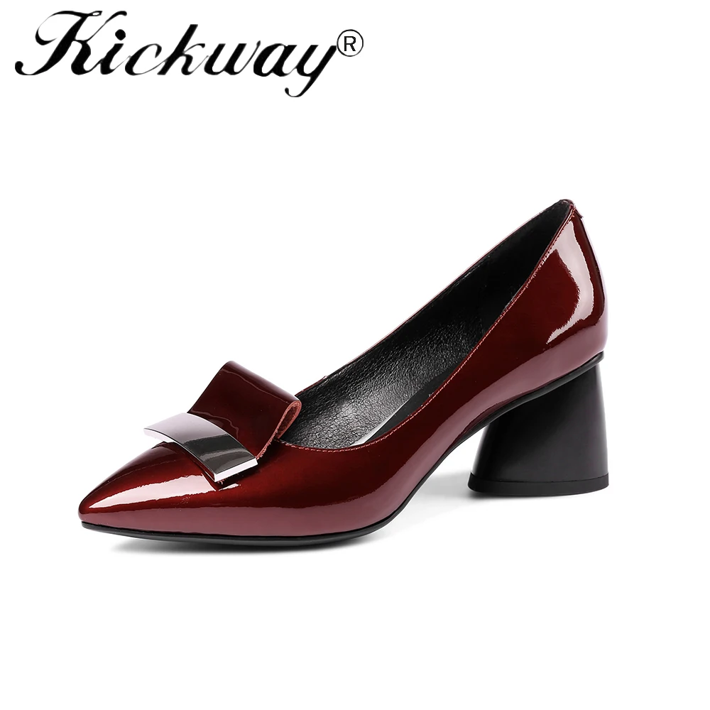 

Kickway Women High Heel Pumps Genuine Patent Leather High Heels Pointed Toe Strange Style Thick High Heel Shoes Ladies Big Sizes