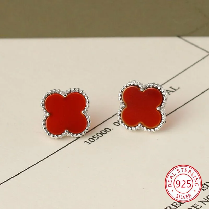 

S925 sterling silver earrings four-leaf clover female peacock green white fritillary Korean version simple Christmas gifts 2019