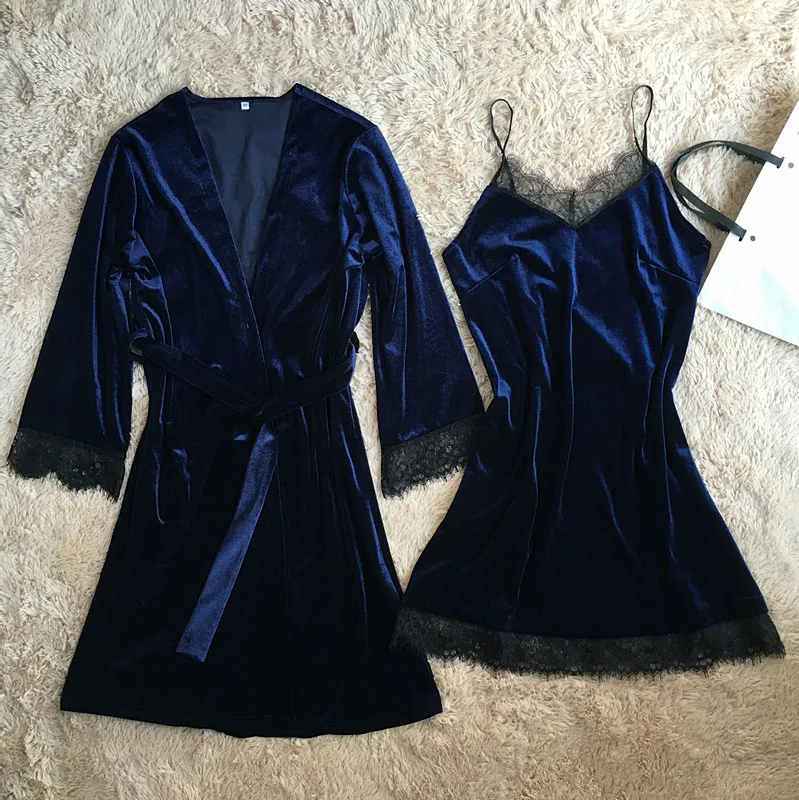 

Women 2 PCS Robe Set Nightgown Sleepwear Lady Winter Velvet Warm Robes High Quality Solid Lace Patchwork Kimono Bathrobe Gown