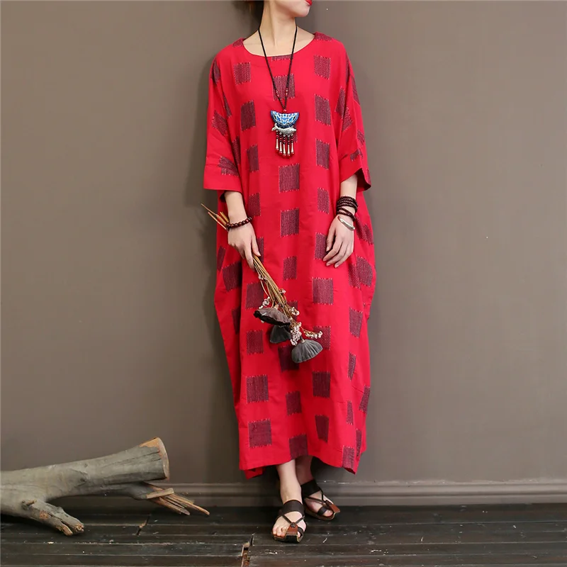 

Johnature Bat Sleeve Women Dress Red O-Neck 2019 Spring Summer New Plus Size Women Cloths Vintage Cotton Linen Robes Loose Dress