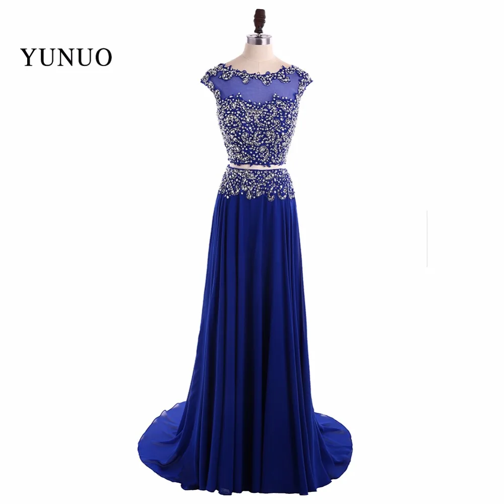 

Real Photo Sexy Two Piece A Line Chiffon Scoop Neck Long Prom Dresses 2019 Beading Sequined Floor Length Prom Dress YN80207