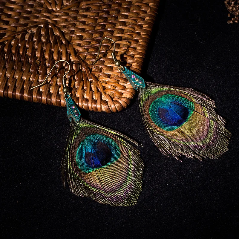 Pendientes bijoux boucle d'oreille Femme модное натуральное павлинье перо Ручной Работы Бохо индийские этнические серьги Висячие зеленые