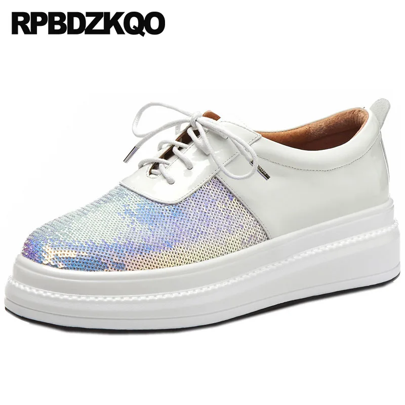 

Patent Leather Elevator Platform Autumn Spring Bling Sequins Single Shoes Latest Women Thick Sole Wedge Creepers White Muffin
