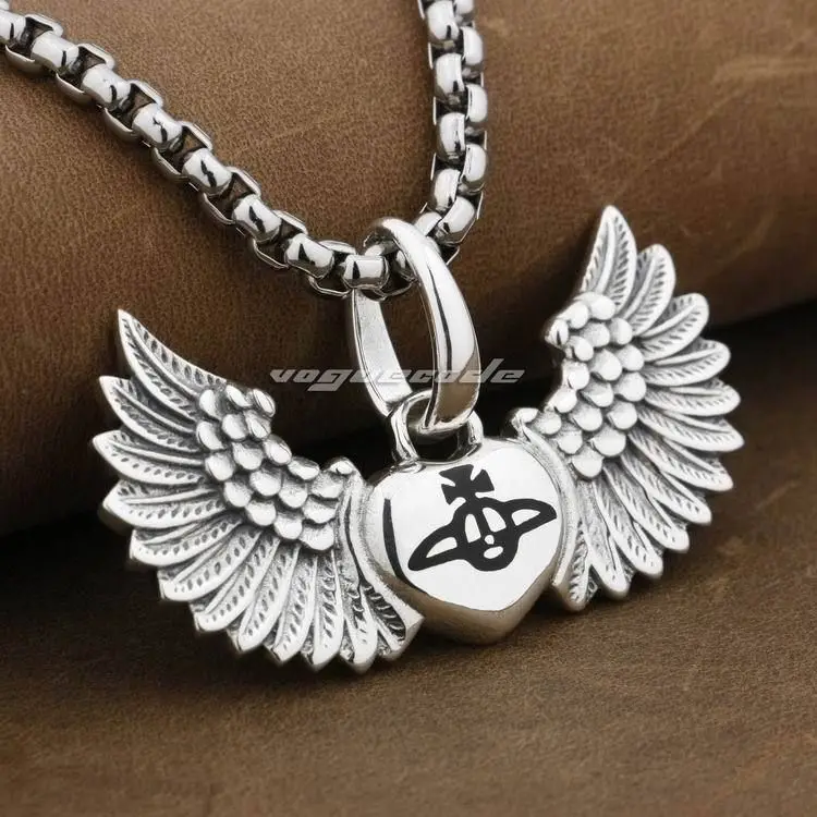 

925 Sterling Silver Angel Wing Lovely Heart Mens Biker Rocker Pendant 9F009(Necklace 24inch)