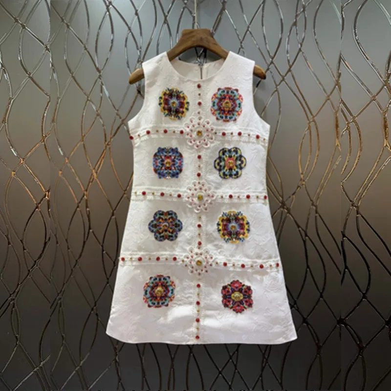 

New Designer Runway Retro Summer Dress Women's Sleeveless Luxury Diamond Beading Floral Appliques Vintage Party Dress CC168