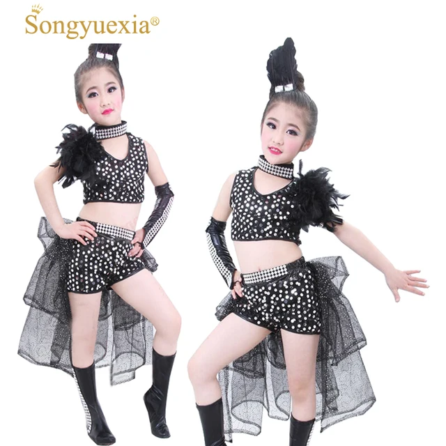 2017 New Girls' Sequined Feather Jazz Dance Costume Ballroom Dress Hip
