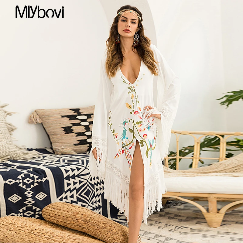 Sleeve Spring Out Embroidery With Fashion Short 2019 Dress Hollow Vestidos Dresses Neck Tassel V Elegant Women White Loose t7qwxqnT50