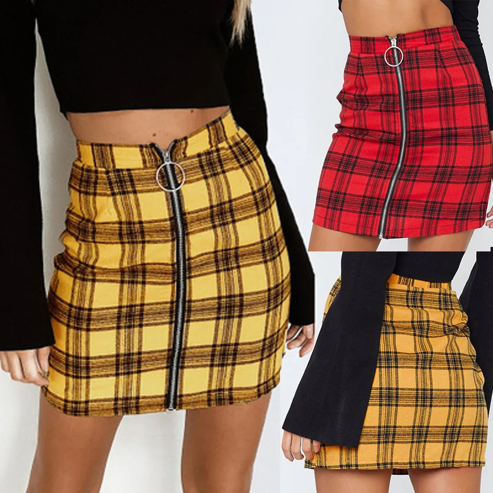 

New Casual Plaid Print Pencil Empire Skirts Womens Sexy Party Plaid Zipper Wooden Ear Slim High Waist Hip Short Mini Skirt #C