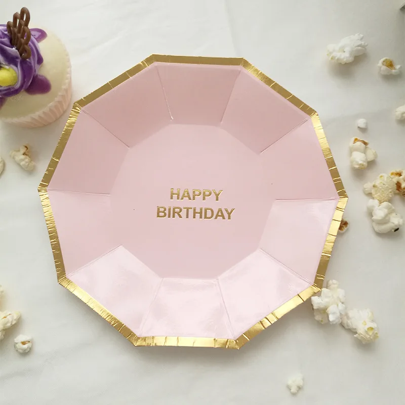 16 шт. большие 9 дюймов маленькие 7 дюймов бумажные тарелки темно-синего цвета с фольгой золото с днем рождения бумаги пластины день рождения партии еды лоток поставки - Цвет: 9inch Pink