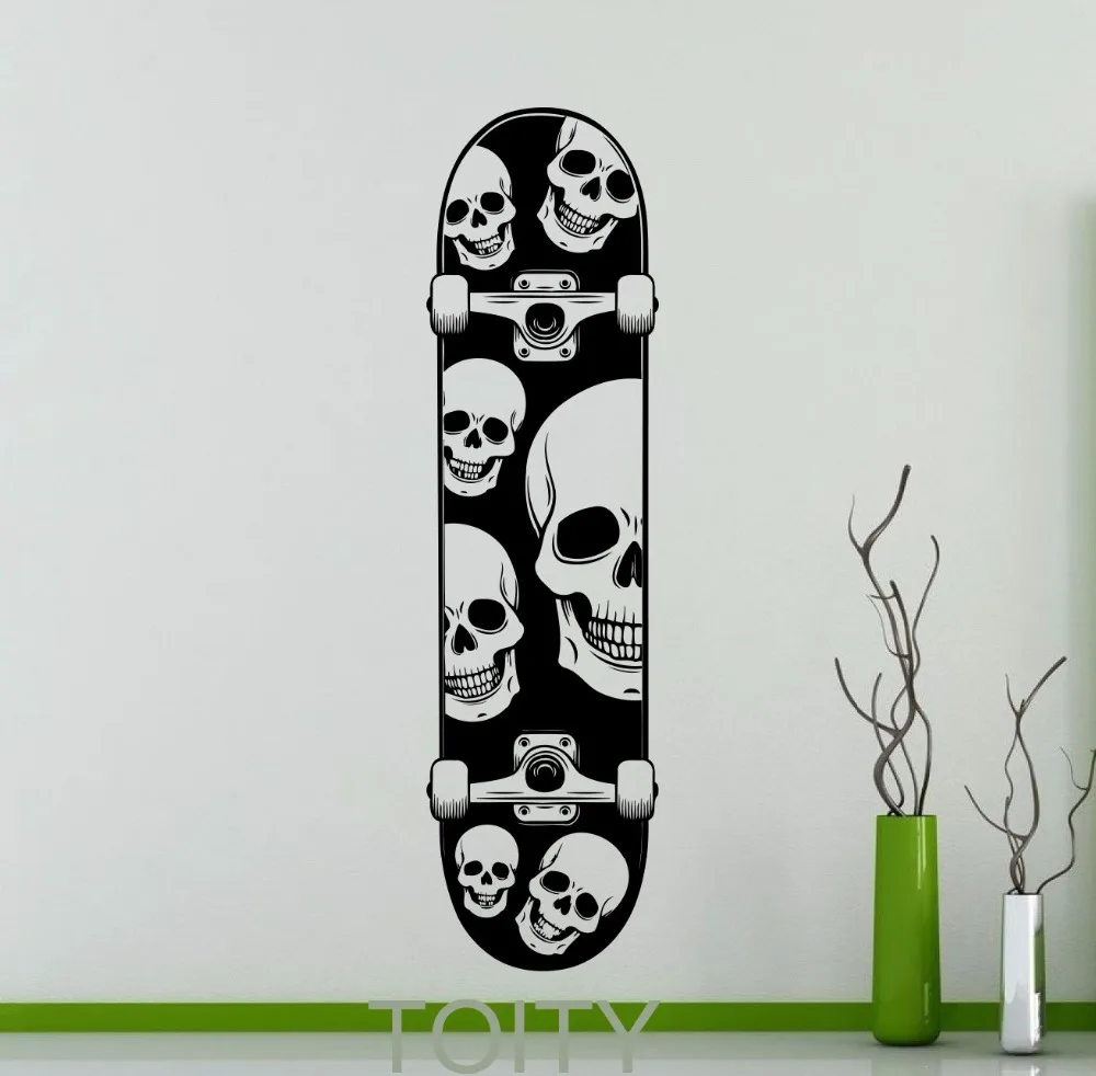 Skull with Skateboard Black Art Wall Sticker Extreme Sports Vinyl Decal