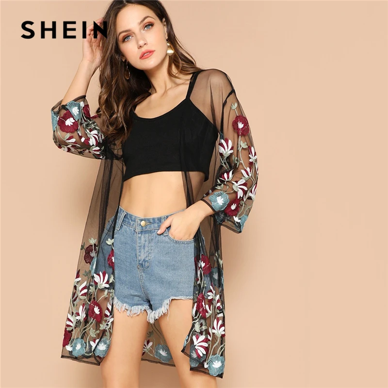 

SHEIN Multicolor Flower Embroidery Mesh Sheer Boho Longline Kimono Cardigan Women Summer Long Sleeve Beach Vacation Sexy Kimonos