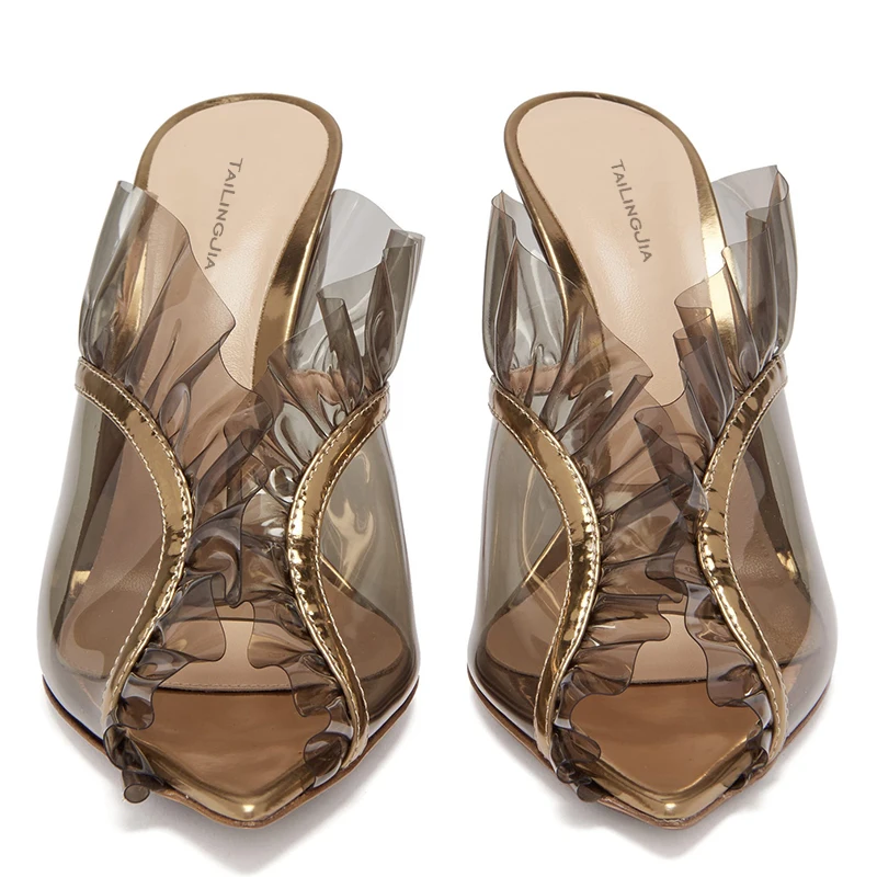 Босоножки с оборками; женская обувь на прозрачном каблуке; коллекция года; летние женские прозрачные туфли на высоком каблуке; Модные Босоножки с открытым носком из ПВХ на каблуке