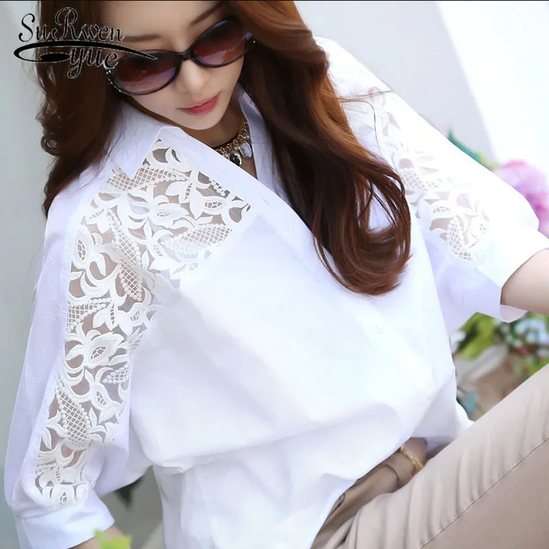 

Blusas mujer de moda 2019 white blouses shirt plus size women ladies tops Middle long white lace shirt bat sleeve 2589 50