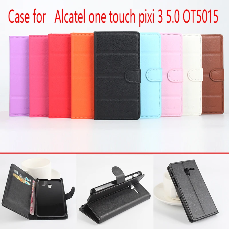 Для alcatel one touch pixi 3 5.0 ot5015 телефон case folio флип pure color личи шаблон pu кожаный бумажник