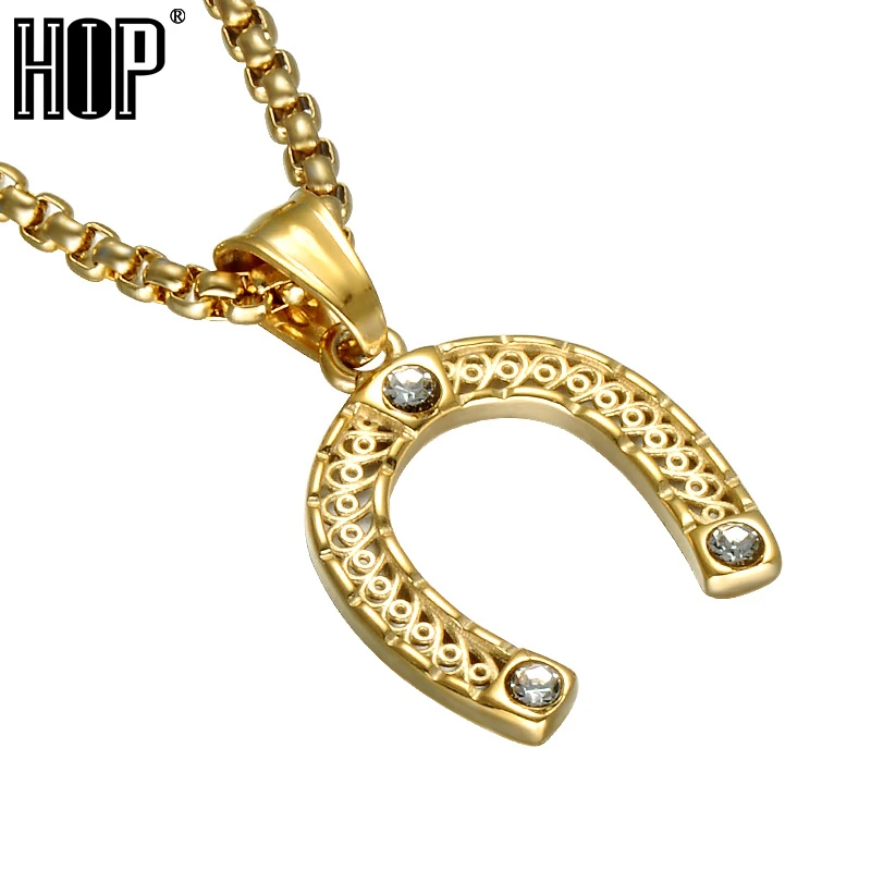 

HIP Trendy Letter U Cubic Zirconia Lucky Necklaces Gold Color Titanium Steel Horseshoe Pendants Necklace for Women Men Jewelry