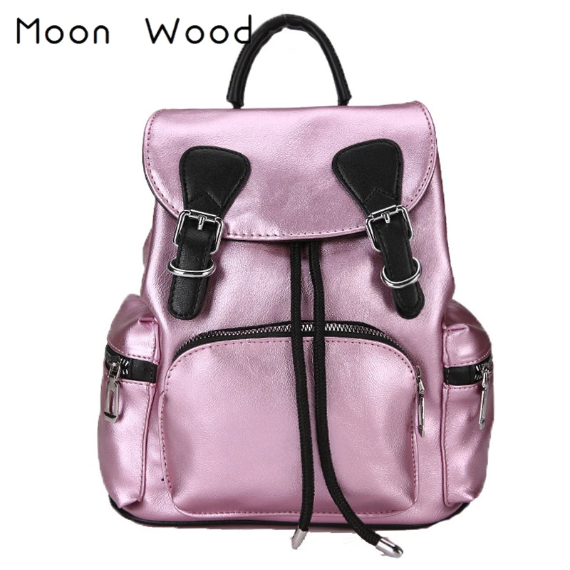 

Moon Wood Fashion Women Small Drawstring Backpack Double Belt Shoulder Bag Rucksack Shinny Female Silver Backpack Girls Book Bag