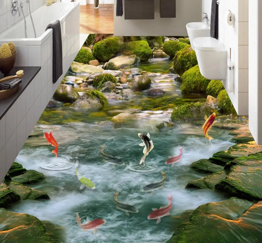 

Customize 3d floor wallpaper for kitchen water carp river pvc 3d floor non-wlip wear self-adhesive PVC murals colors