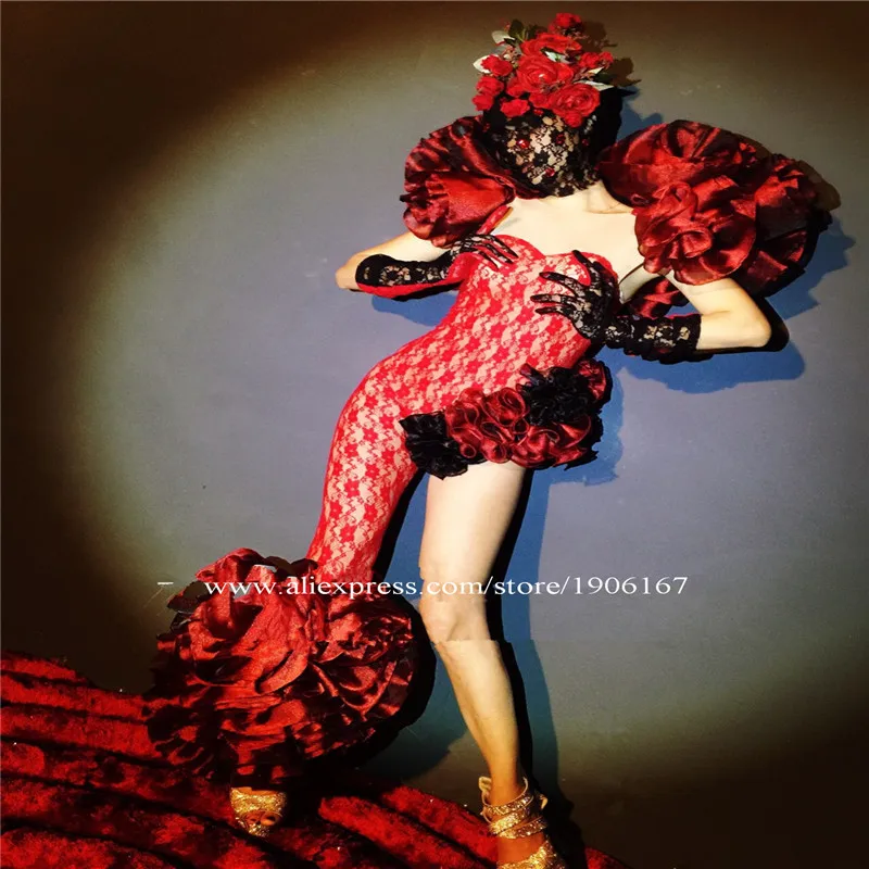 Red flowers lace dress dj ballroom dance costumes outfit rose party wears bar stage show catwalk performance clothe prom dj2