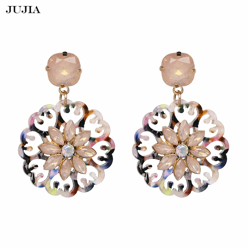 

JUJIA Fashion Flower Crystal Stone Resin Drop Earrings For Women Oorbellen Statement Earrings Jewelry