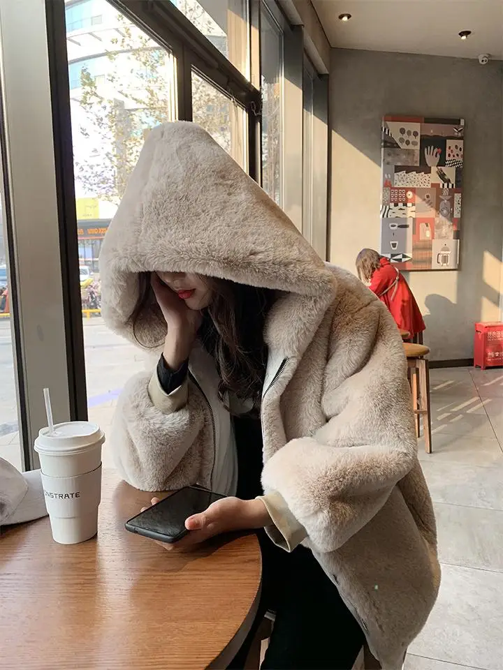 Vangull зимнее плотное теплое меховое пальто Новая модная женская куртка с капюшоном и длинным рукавом из искусственного кроличьего меха Роскошная зимняя верхняя одежда