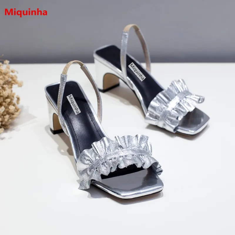 

Miquinha Open Toe Silver Ruffles Flower Elastic Band Slip On Women Casual Sandals Fashion High Strange Heel Women Party Sandals