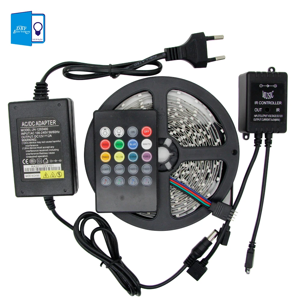 

[DBF]5M 300led RGB SMD3528 no-waterproof strip +12V 2A power adapter +music sensor IR controller 85-265v US/EU plug Super Bright