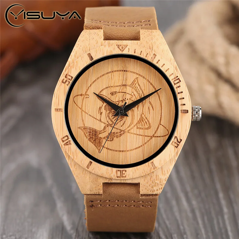YISUYA Creative Wood Watch Shark Fish Mens Womens Natural Bamboo Wooden Quartz Wrist Watches Casual Leather Lucky Gifts Relogio