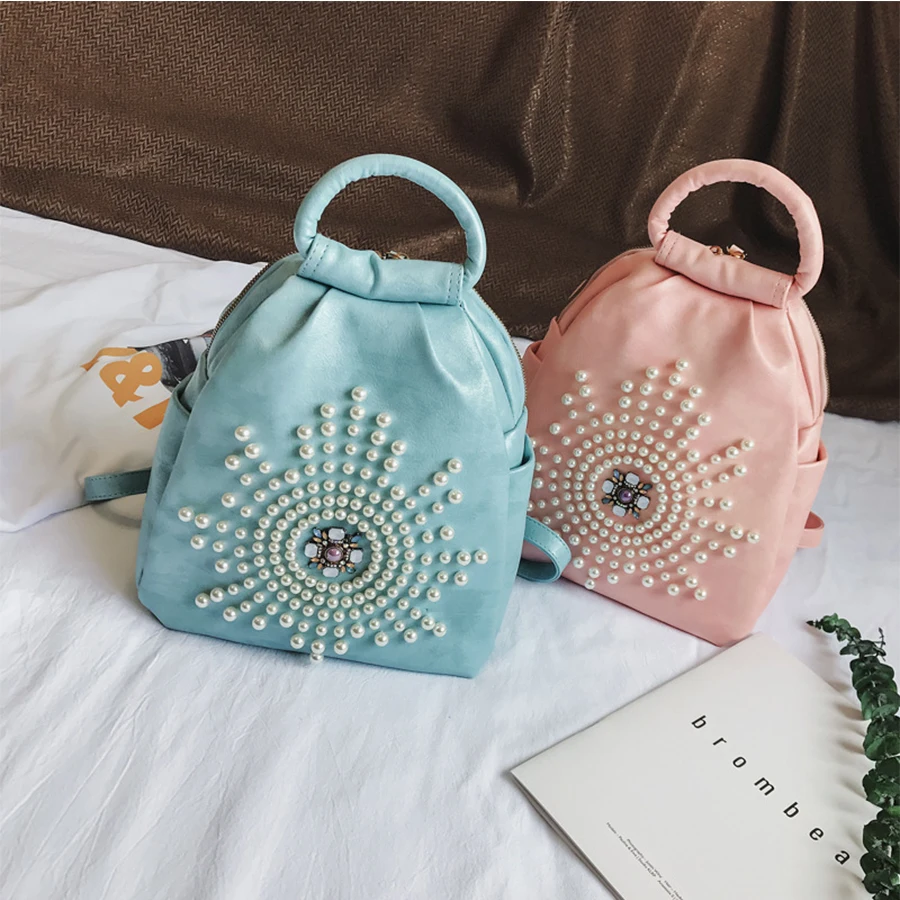 

Korean Fashion Pearl Bag Pu Leather Casual Women's Backpack Beading School Bags For Girls Designer Travel Backpack Mochila 2018