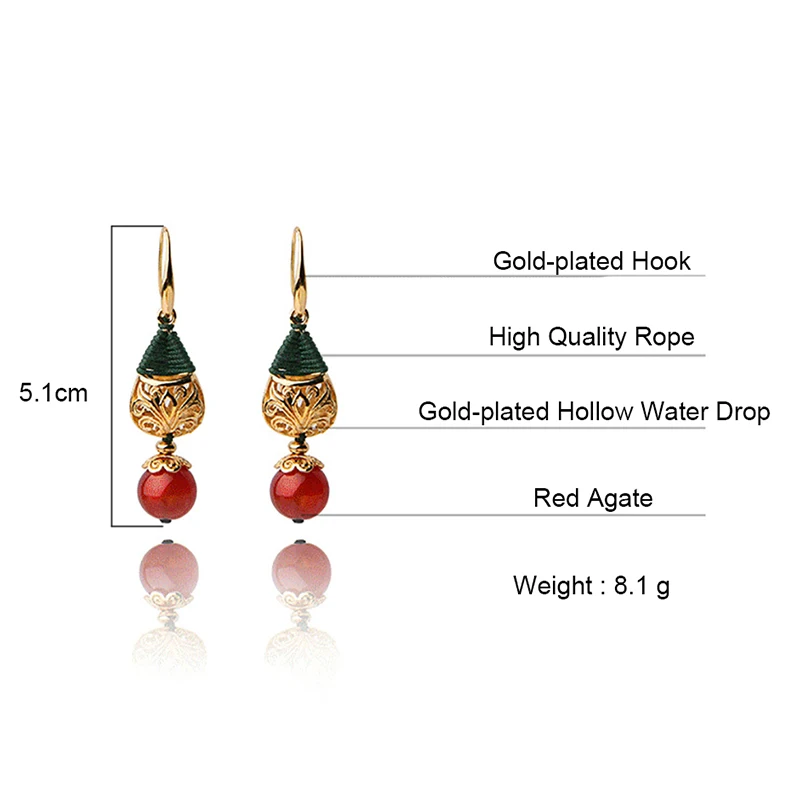 BOEYCJR Ethnic Vintage Gold Color Hollow Water Drop Red Stone Bead Dangle Earrings Jewelry Drop Earrings For Women Gift 2019