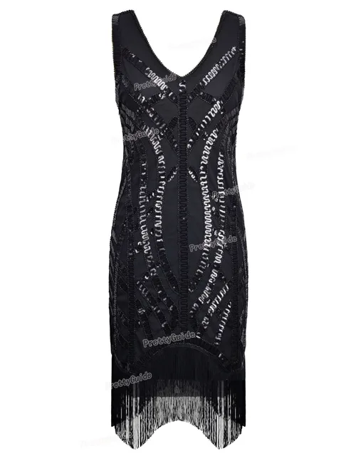 Prettyguide Women 1920s Vintage Black Sequin Embellished Curve Hem Prettyguide Women 1920s Vintage Black Sequin Embellished Curve Hem Fringe Gatsby Dress Roaring 20s Inspired Fler