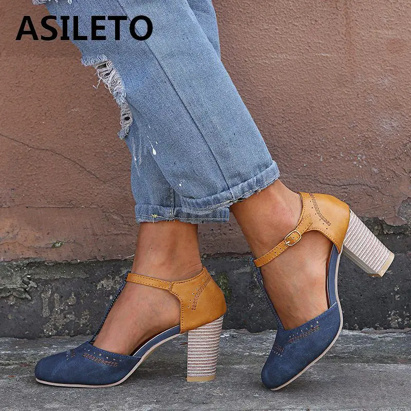

ASILETO big size 43 Women Pumps Gladiator t strap pump shoes woman High Heels retro Dress Shoes Footwear 34-43 casual footwear