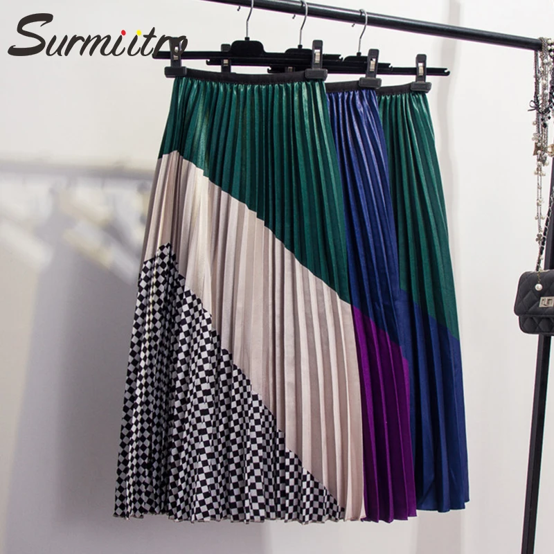 

Surmiitro Satin Plaid Patchwork Pleated Midi Long Skirt Women 2019 Spring Summer New High Waist A-line Sun Street Skirt Female