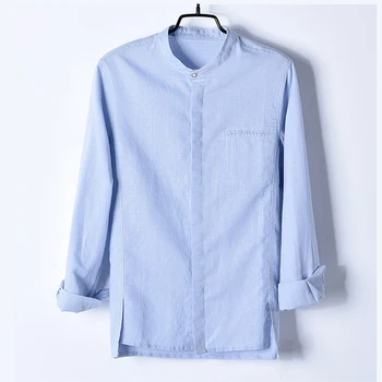 

High quality 2018 New stand-collar mens long sleeve linen cotton shirts casual mens solid color shirts fashion loose mens tops